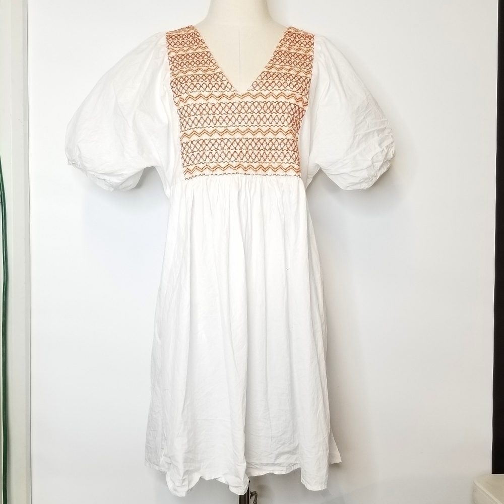Madewell Women's Large White Cotton  Embroidered Poplin V-Neck Boho Short Dress
